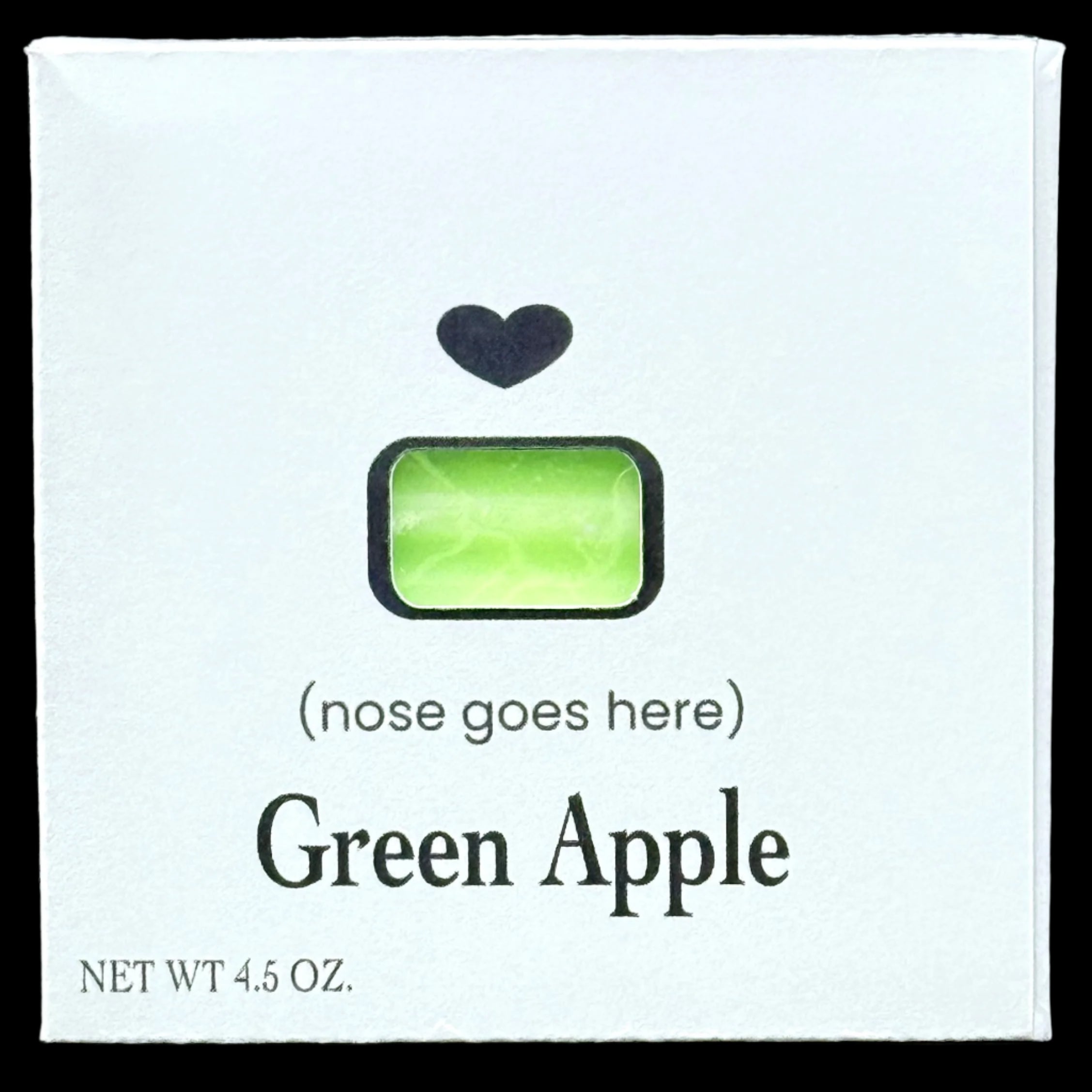 Green Apple scented product packaging with a heart symbol on a white background