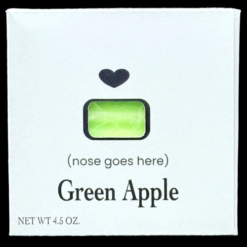 Green Apple scented product packaging with a heart symbol on a white background