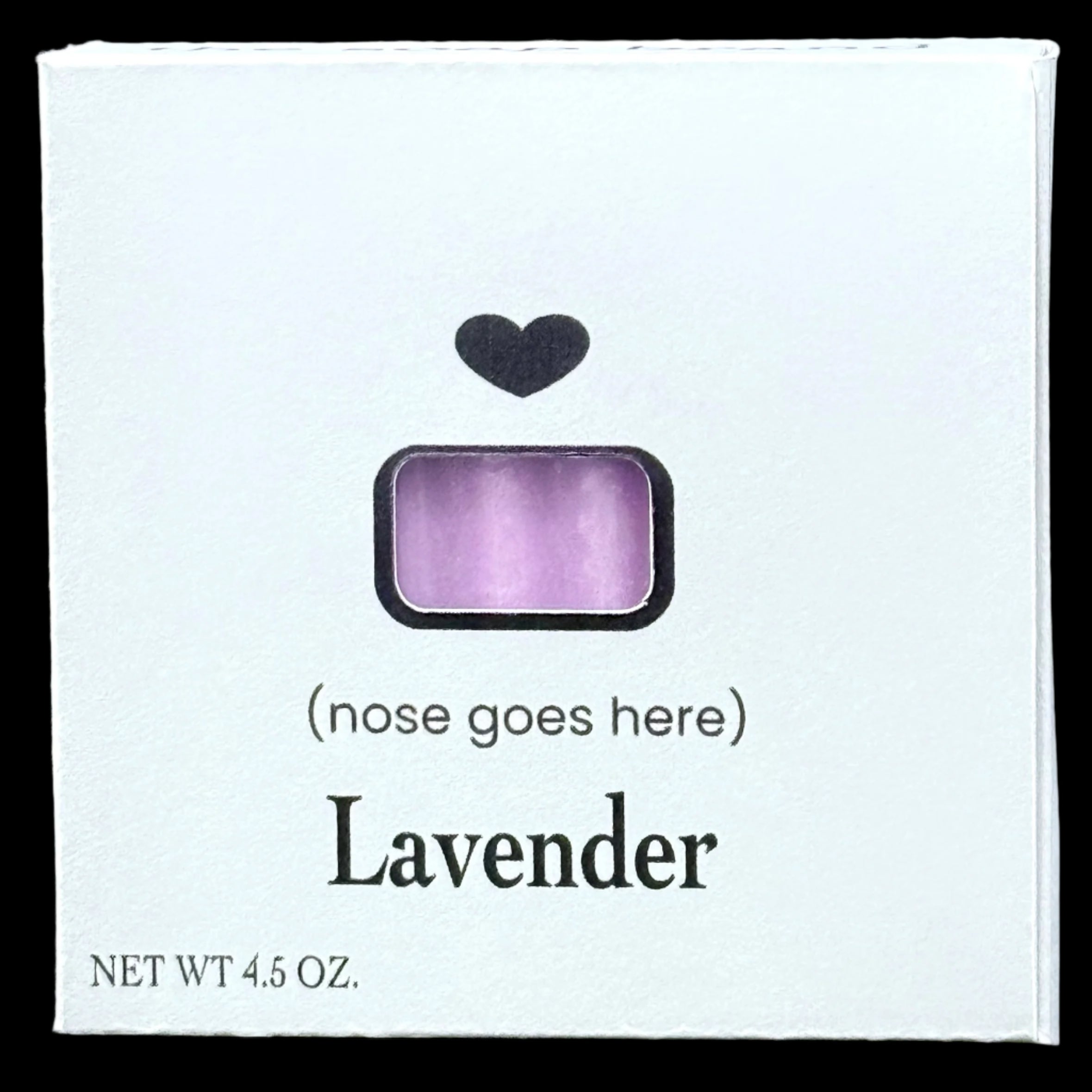 Lavender product packaging with a black heart symbol on a dark background